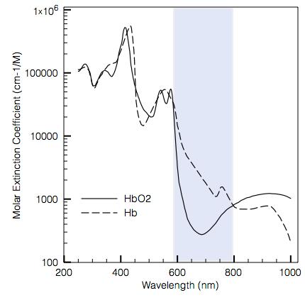 ! Figure 1. Hemoglobin (Hb) and oxy-hemoglobin (HbO2) absorption spectra (data from S.