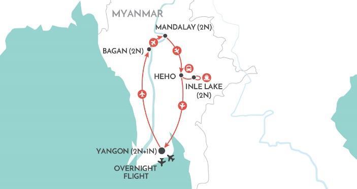 golden temples and magnificent scenery of Yangon, Bagan, Mandalay and Inle Lake.
