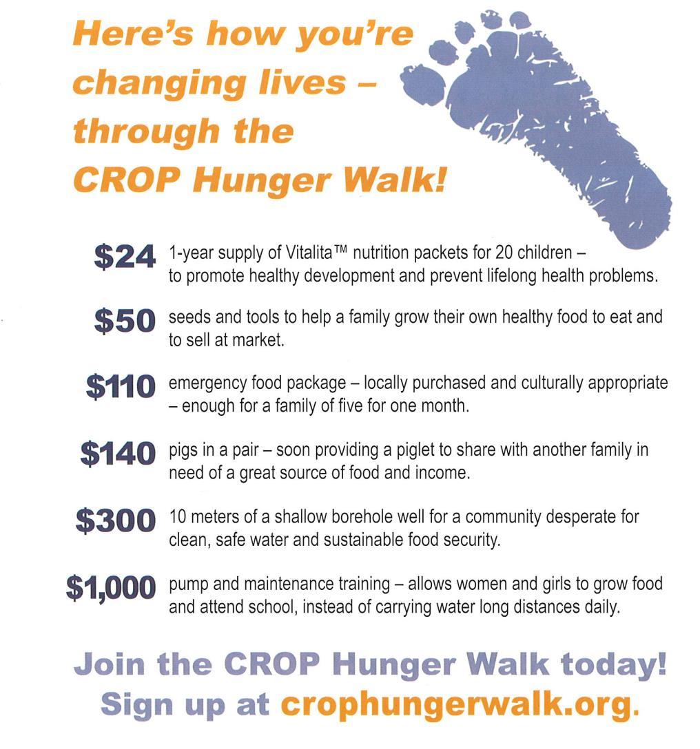 CROP Walk RIVERSIDE UNITED METHODIST CHURCH SUNDAY, SEPTEMBER 22 Registration at 1:30 pm Walk starts at 2:00 pm 25% helps Christian Ministries of Delaware County Join the Riverside UMC Team: Mary
