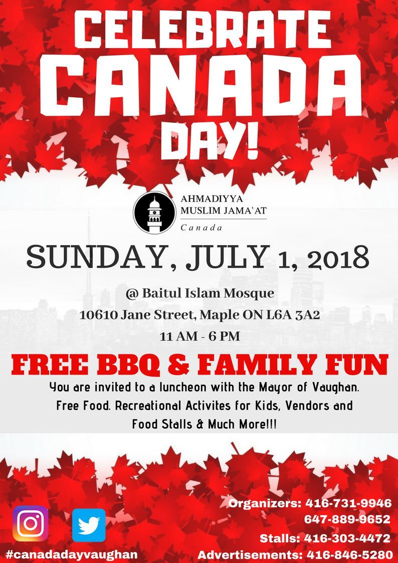 مسباہللارلن محارلمیح Friday Announcements Friday, June 1, 2018 From Local Amir Sahib Peace Village Jama`at (for GTA Jama`ats): "Peace Village and Vaughan Jama`ats are going to hold Canada Day