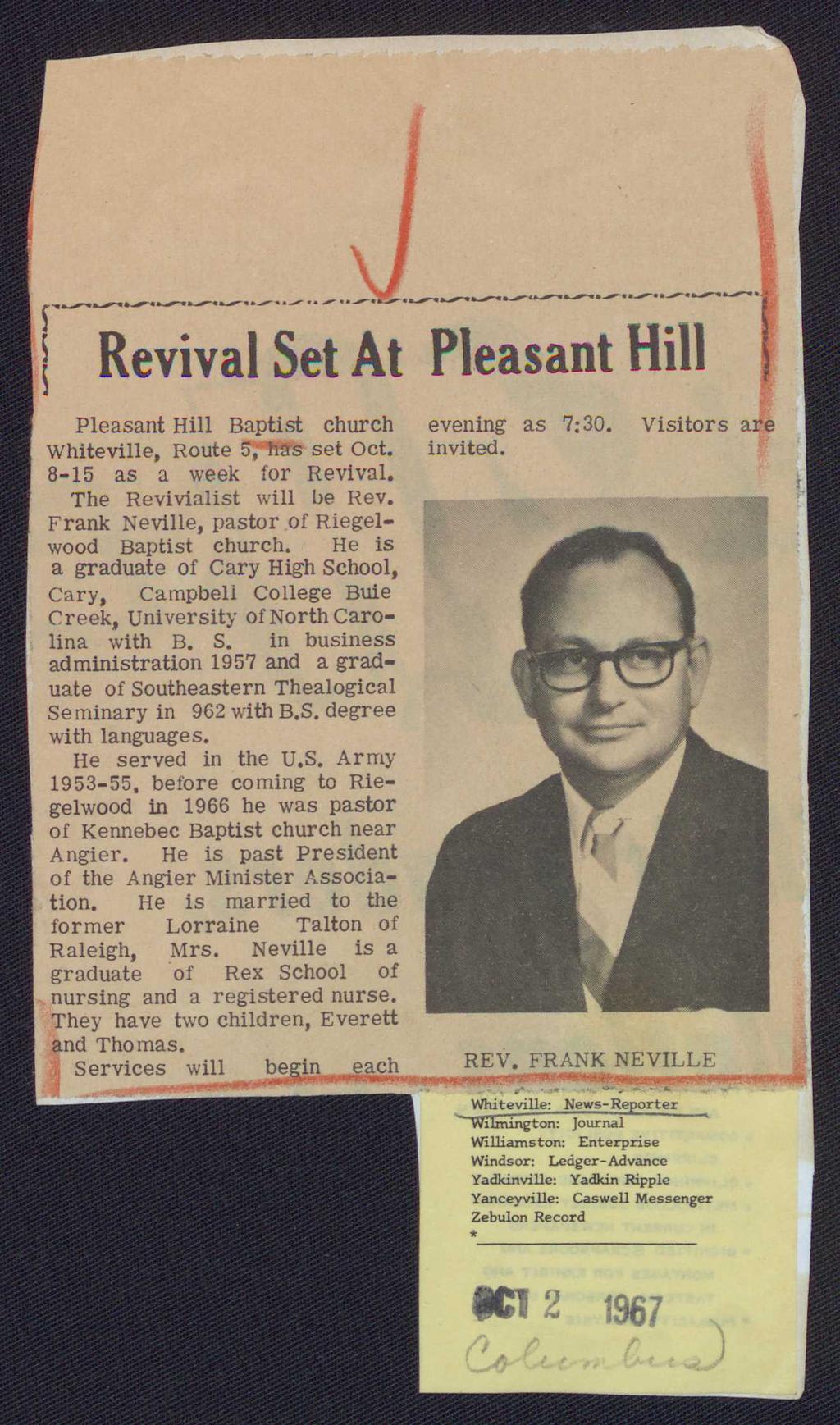 5.,...,,..._..._.............-..--...-...-........._..._.._,...-..._.~ --. _...... i Revival Set At Pleasant Hill Pleasant Hill Baptist church Whiteville, Route o, has set Oct.