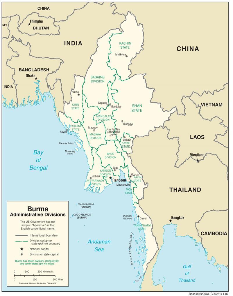 Figure 1: The Administrative map of Myanmar. Myanmar is the ethnically diverse country of Southeast Asia. Its capital city is Naypyidaw (former Yangon), and the official language is Burmese.