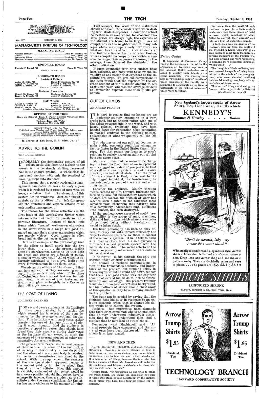 - 01 Page Two Tuesday, October 9, 1934 A~ ~~~~~~~~~~~~~~~~~~~~~. :.. Vol. LV OCTOBER 9, 1934 No. 35 5 MASSACHUSETTS NSTTUTE OF TECHNOLOGY Busness Assocates Elwood H. Koontz, '36 Benjamn B.