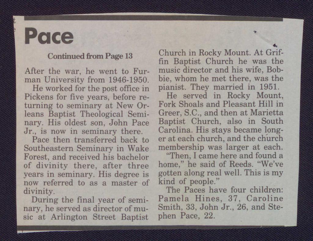 Continued from Page 13 After the war, he went to Furman University from 1946-1950.