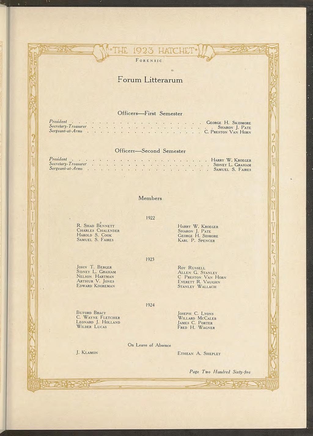 ^ TH 1925 HTCHET FORENSIC Forum Ltterarum Offcers Frst Semester Presdent GEORGE H. SKIDMORE Secretary-Treasurer SHRON J. PTE Sergeant-al-rms C. PRESTON VN HORN Offcers Second Semester Presdent.