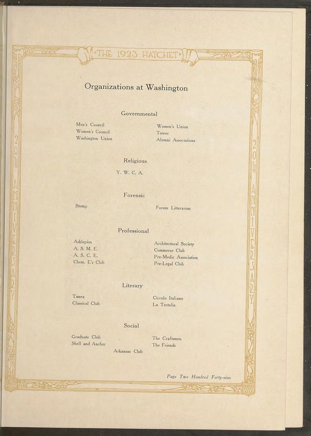 ^^^ THE: 1923 HTCHET"] Organzatons at Washngton Governmental Men's Councl Women's Councl Washngton Unon Women's Unon Tower lumn ssocatons Relgous Y. W. C.. Fo rensc Forum Ltterarum Professonal sklepos.