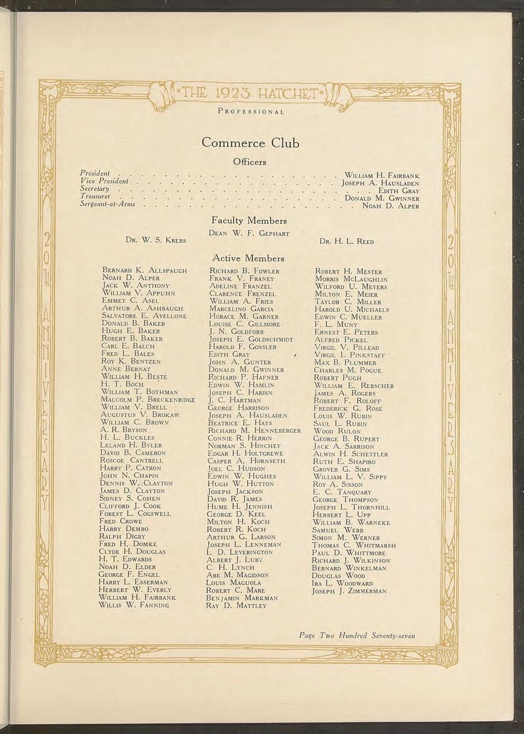 1923 HTCHET' PROFESSIONL SI 0 Y Commerce Club Offcers Presdent WILLIM H. FIRBNK V ce Presdent JOSEPH. HUSLDEN Secretary - EDITH GRY treasurer DONLD M. GWINNER Sergeant-al-rms NOH D.