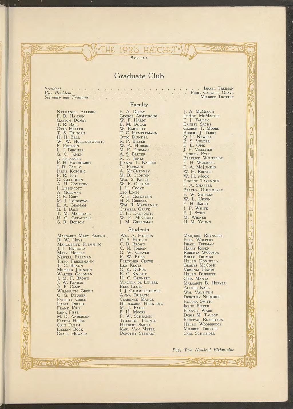 ^ THE, 1923 HTCHET SOCIL Graduate Club Y Presdent ISREL TREIMN Vce Presdent PROF. CSWELL GRVE Secretary and Treasurer MILDRED TROTTER Faculty NTHNIEL LLISON E.. DORY J.. MCGEOCH F. B.