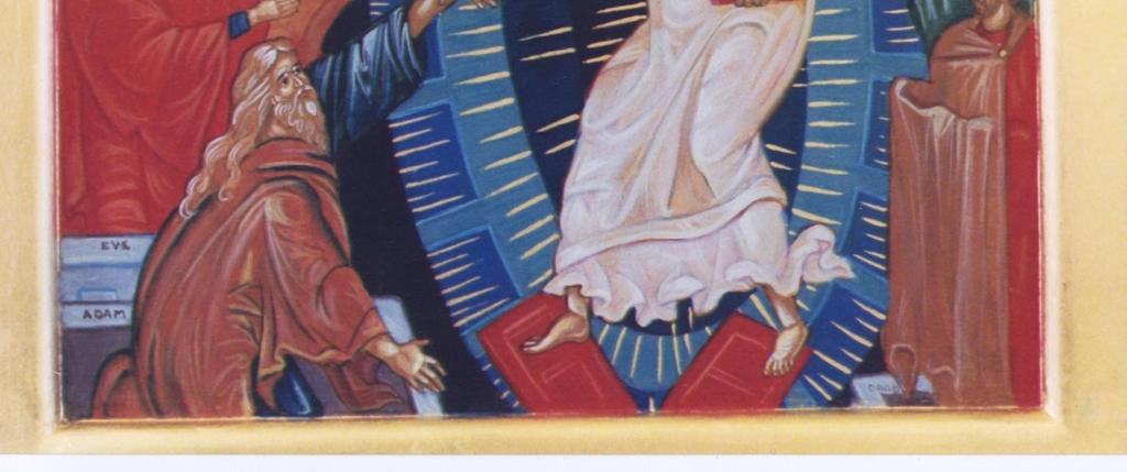 Most icons depict Christ holding the hands of a man and a woman, Adam and Eve, the first to be raised. Easter troparion sung at various points throughout the Divine Liturgy of St.