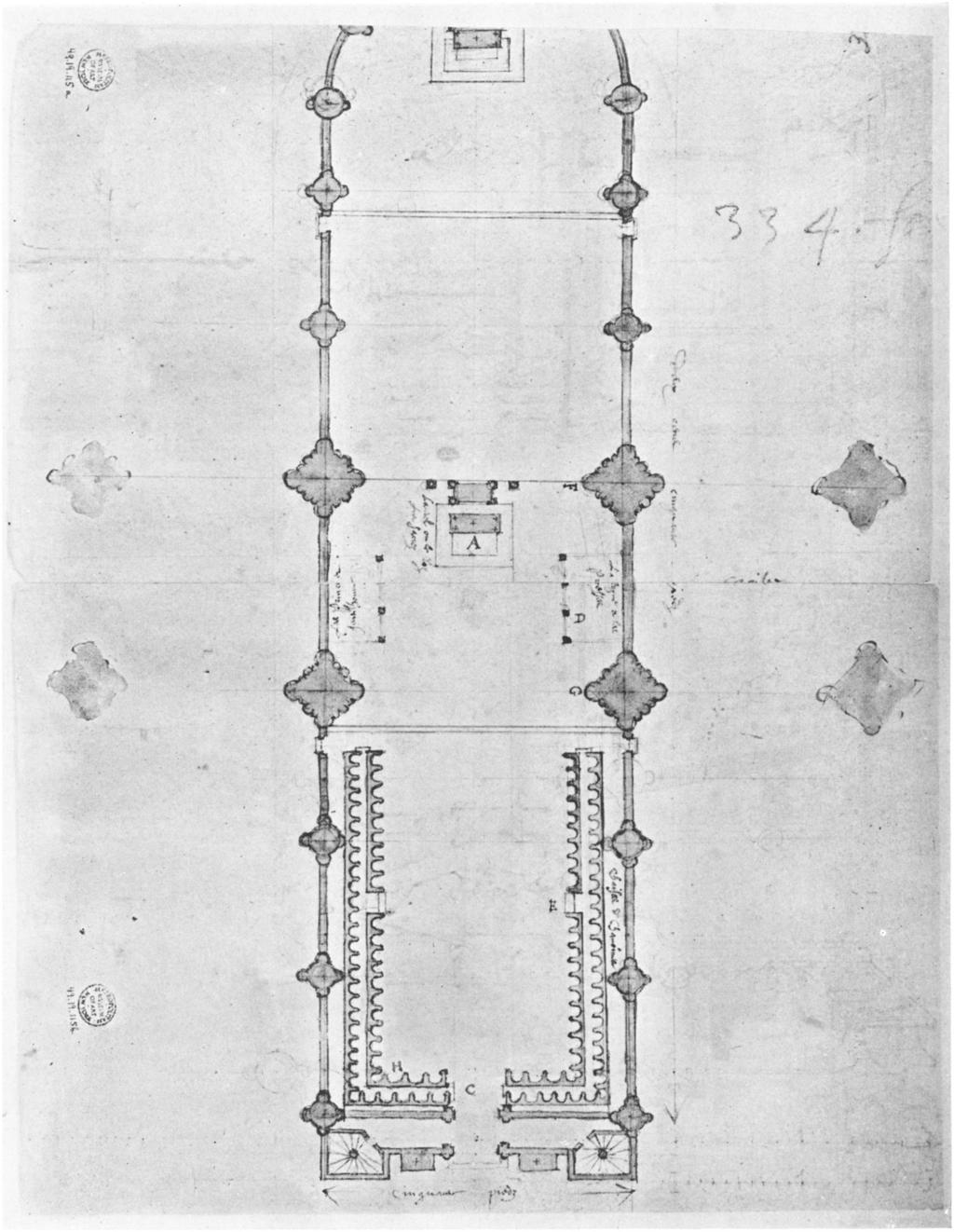 Plan of the sanctuary of a medieval cathedral. The main altar, A, is in the transept, and the choir stalls are in the nave.
