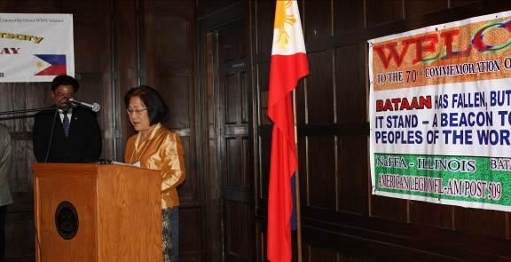 Ms. Angeles Carandang, chairperson of NaFFAA Illinois Chapter delivering the Invocation during the program The events, which were participated in by World War II veterans and survivors of the