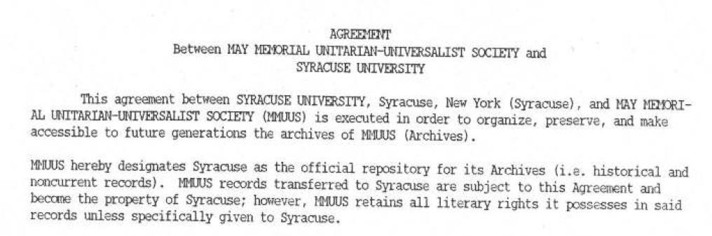 Syracuse University Archives Repository Agreement [Sample of Our