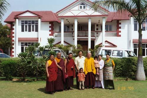 Asanga Rinpoche with Ani Rinpoche, Trulkula and monks at Tharlam Monastery, Boudhanath,