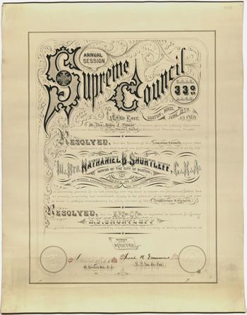 Digital Collections Highlight: Hand-lettered Scottish Rite Certificate of Appreciation By Jeffrey Croteau, Director of Library & Archives, Scottish Rite Masonic Museum & Library, Lexington, MA The