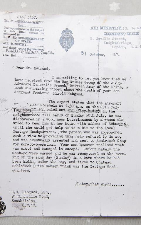 A copy of the letter from the Air Ministry to the family, confirming Freddie's death.