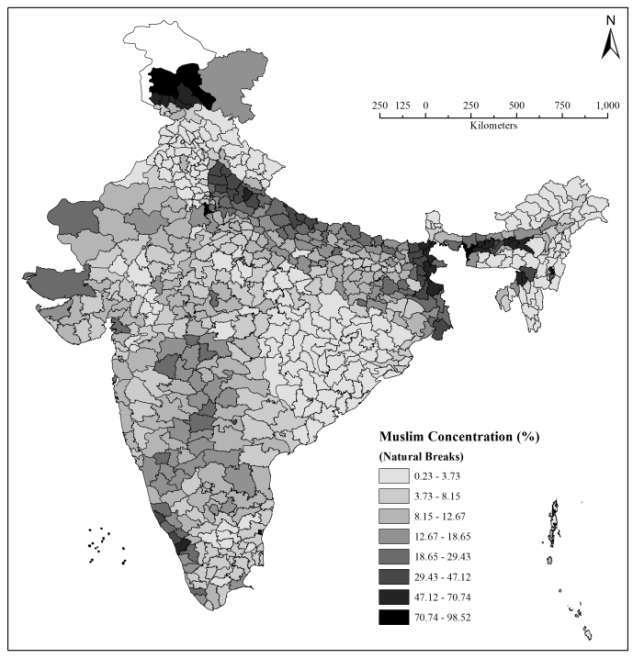 Fig-2: Distribution of Muslims in India, 2011 Even a cursory glance at the map makes it crystal clear that there exists wider variation in the distributional pattern of Muslims in the country either