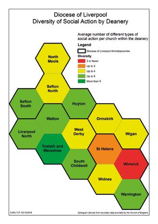 The cartogram below displays the same data as the map, but each deanery is represented by the same size of hexagon.