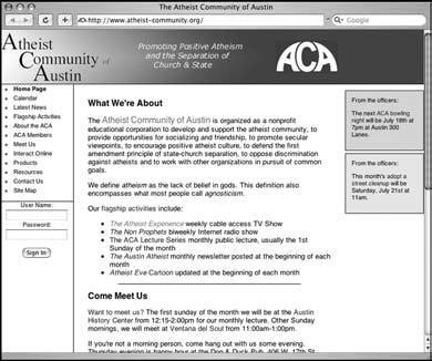 I N S I D E T H E A C A ACA Web sites by Don Baker ACA s uses three Web sites as its main vehicles for communicating with its members and the public. The main site is www. atheist-community.org.
