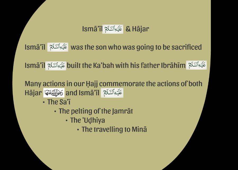 The Ḥajj The actions of Ibrāhīm, Hājar and IsmāꜤīl, are still to this day commemorated in our Ḥajj, the Sa ī between Ṣafā & Marwah,