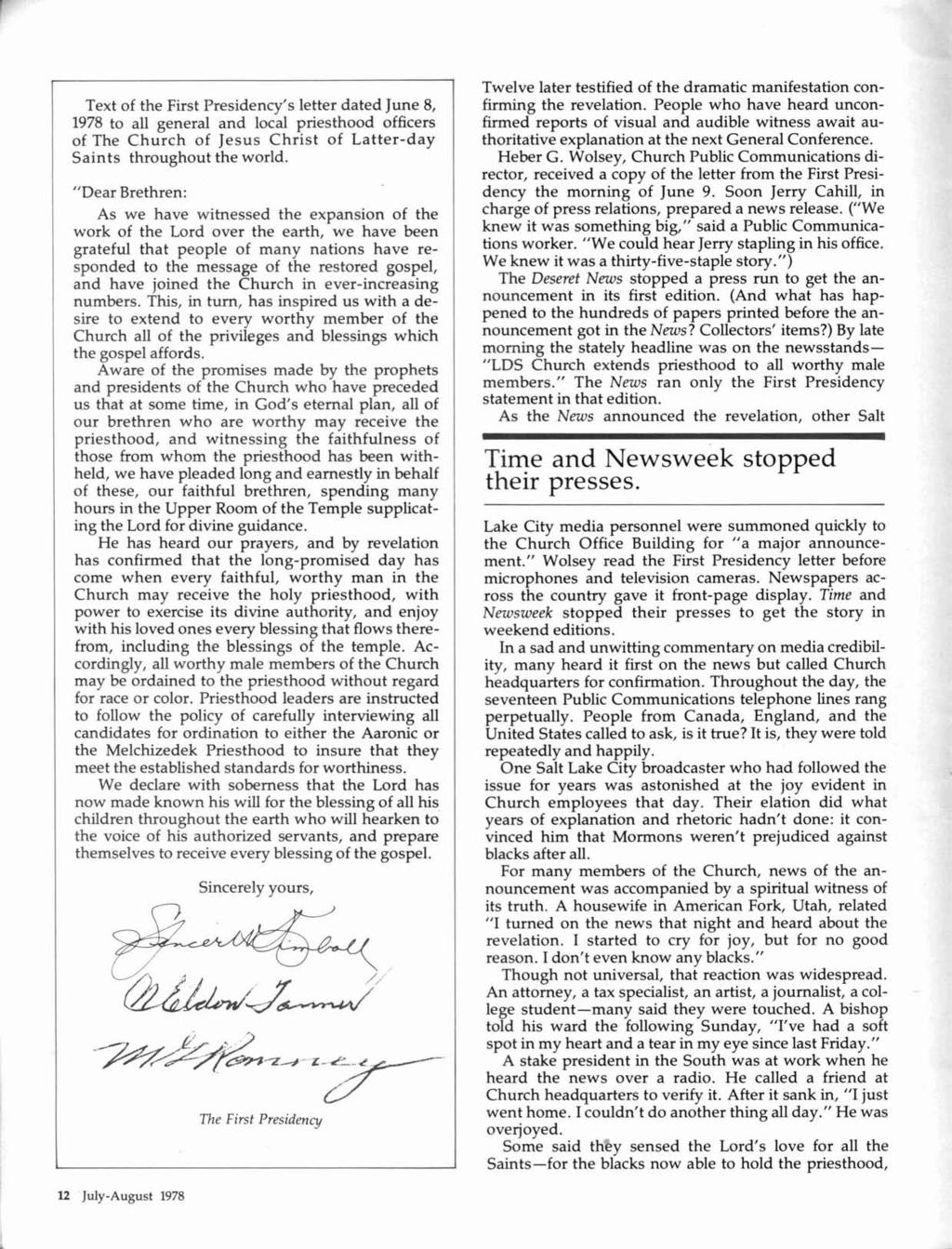 Text of the First Presidency's letter dated June 8, 1978 to all general and local priesthood officers of The Church of Jesus Christ of Latter-day Saints throughout the world.