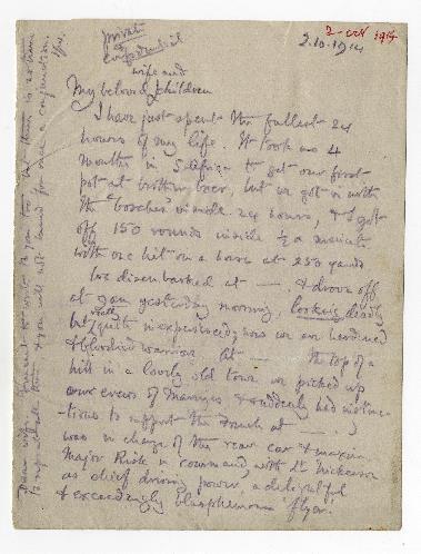 1E handwritten letter from Josiah Wedgwood to his wife and children about his early experience at the Front in the First World War (October 1914) 1F Is life so sweet, or peace so dear,
