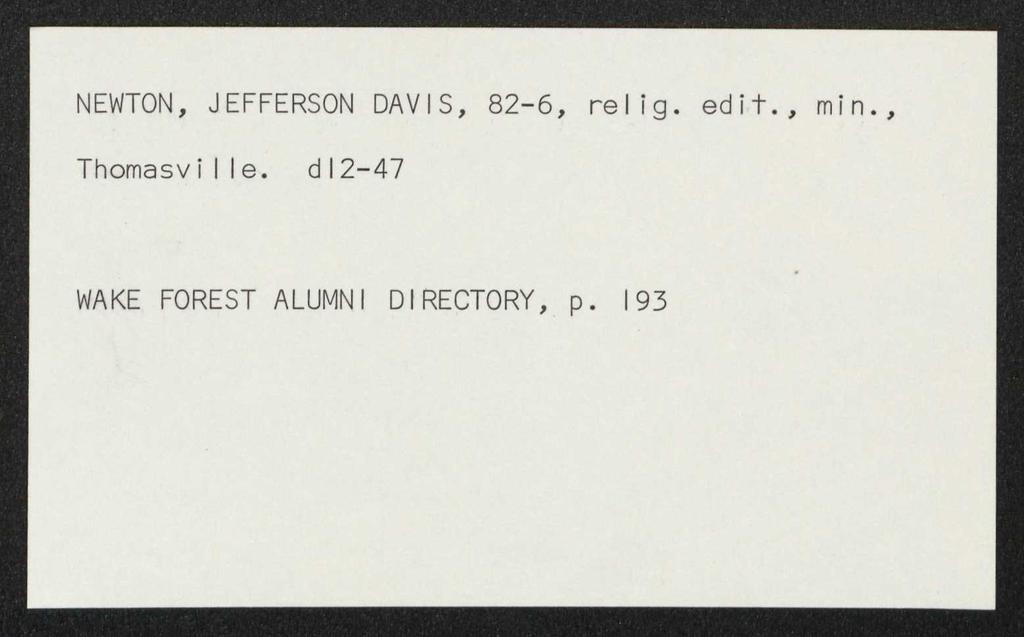 NEWTON, JEFFERSON DAVIS, 82-6, rei ig. edit., min.