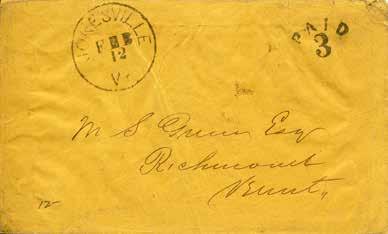 The Vermont Philatelist: May 2015 Page 9 The third circle postmark is said to have diameter of 29 mm, reported for 1852 only, used with rate mark of Paid over numeral 3 in an arc, and struck in blue