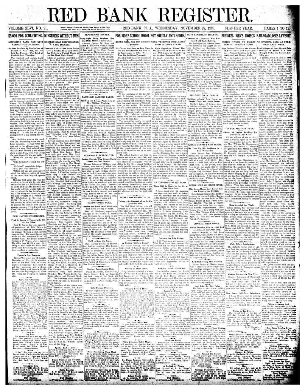 RED BANK REGSTER. VOLUME XLV, NO. 21. sasd Wekly, Enured as Bceond-ClM Malr a ho Po.. offlce > Red Bonk. N. J., under h«ac of March 3d, 1879. RED BANK, N. J., WEDNESDAY, NOVEMBER 28, 1923.