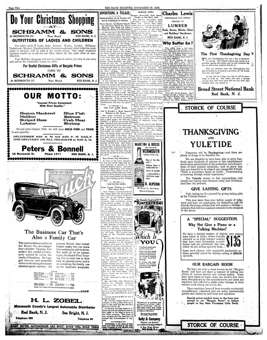 Page Two RED BANK REGSTER, NOVEMBER 28, 1923. Do Your Chrsmas Shoppng. AT... SCHRAMM & SONS 24 MONMOUTH ST. Near Broad RED BANK, N. J. OUTFTTERS OF LADES AND CHLDREN Our enre-sock of Coas, Sus,.