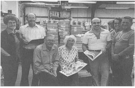 CONTEMPORARY IUAB COUNTY 297 Tintic Historical Society's book committee watch Faith, Hope, & Prosperity: The Tintic Mining District come off the presses at Community Press in Orem, 1982. (Gary B.