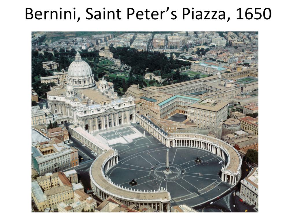 The Old Saint Peter s had a large square courtyard or atrium In 585 Pope Sixtus V brought in an Egyp<an Obelisk as a symbol of Chris<an triumph in Rome Bernini was given the task of crea<ng a new