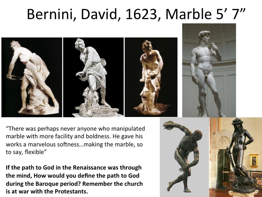 Bernini the sculptor Like Michelangelo he was a man of many talents architecture and sculpture His sculpture is expansive, theatrical and the element of <me usually plays an important role in it His