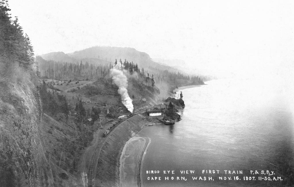 Looking north, he can watch cars and trucks creep along the face of Cape Horn, where state Highway 14 has carved little more than a toehold.