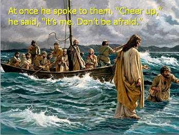 When evening came, the boat was in the middle of the lake, and he was alone on land. He saw the disciples straining at the oars, because the wind was against them.