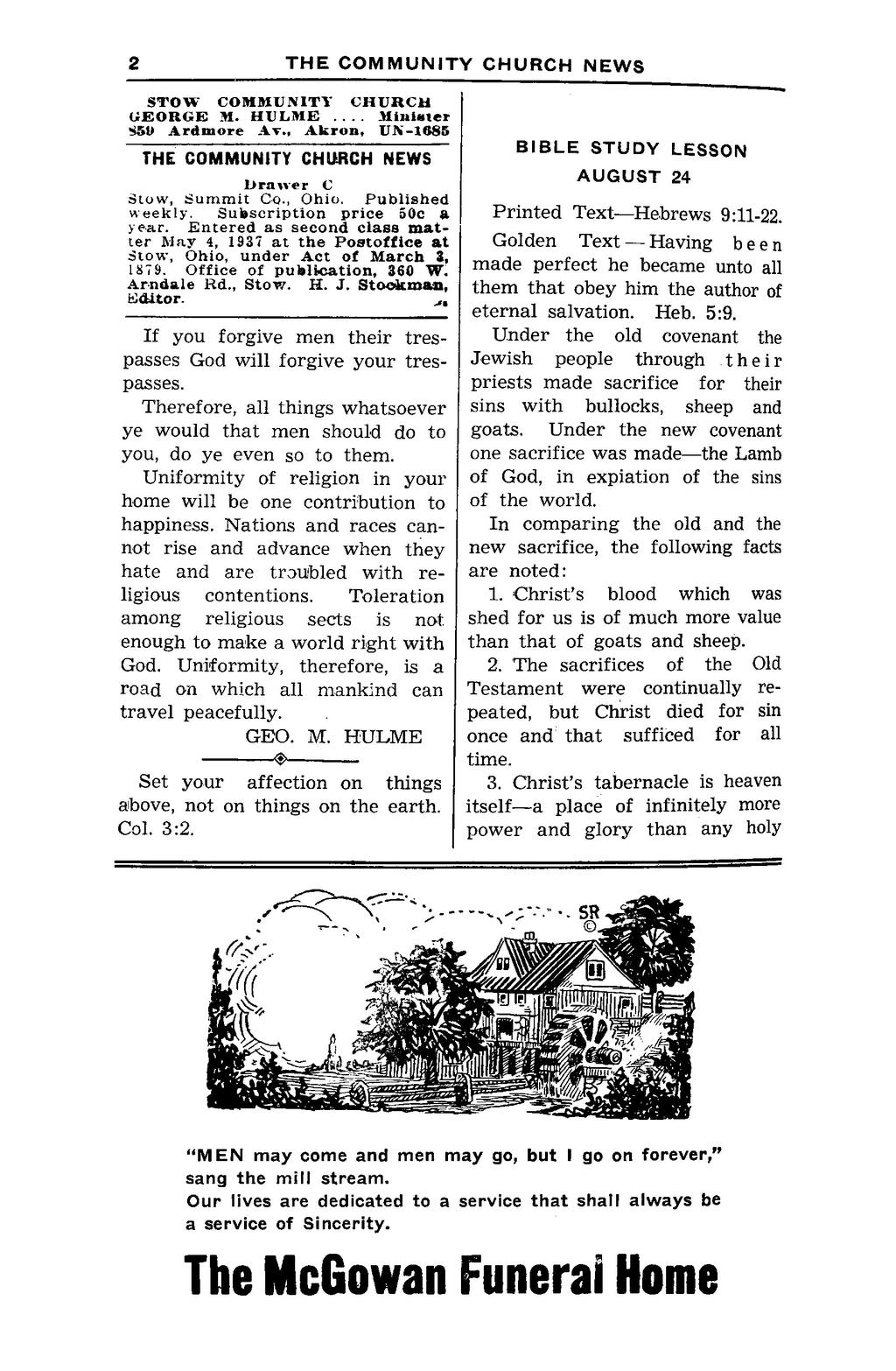 2 THE COMMUNITY CHURCH NEWS 11 STOW COMMUNITY CHURCH GEORGE M. HULME... Milliliter S5D Ardmore AT., Akron, UN-1685 THE COMMUNITY CHURCH NEWS Drawer C Stow, Summit Co., Ohio. Published weekly.