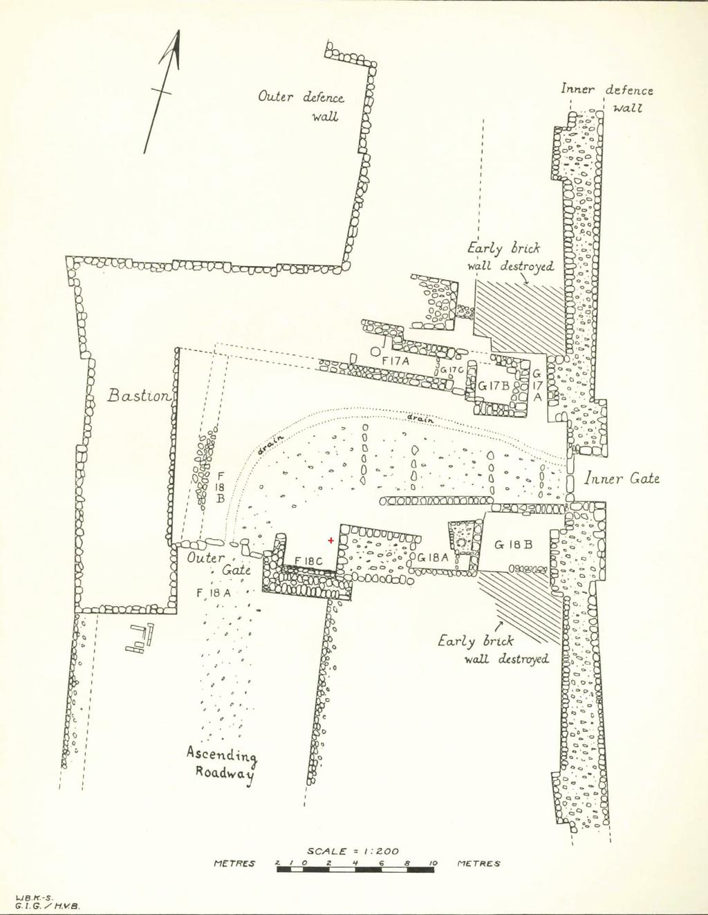 Plan of Bastion and Gateways, from Lachish I: The Lachish Letters (1938), 223. The red + indicates the location of Room F18C. on Jerusalem.