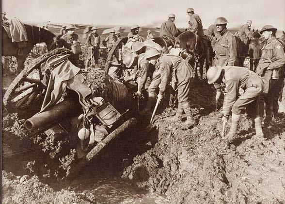 (Copyright expired) Photographer Hurley, Front: Western Front (Belgium), Menin Road Area, Hooge 20 September 1917.) Australian Pioneers salvaging a 4.