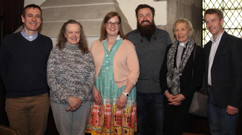 RevoLectionary writer Emma Rothwell and founder Scott Evans (Centre) with BACI committee members, the Revd Dr William Olhausen, Barbara Bergin, Canon Dr Ginnie Kennerley and the Revd Jack Kinkead at