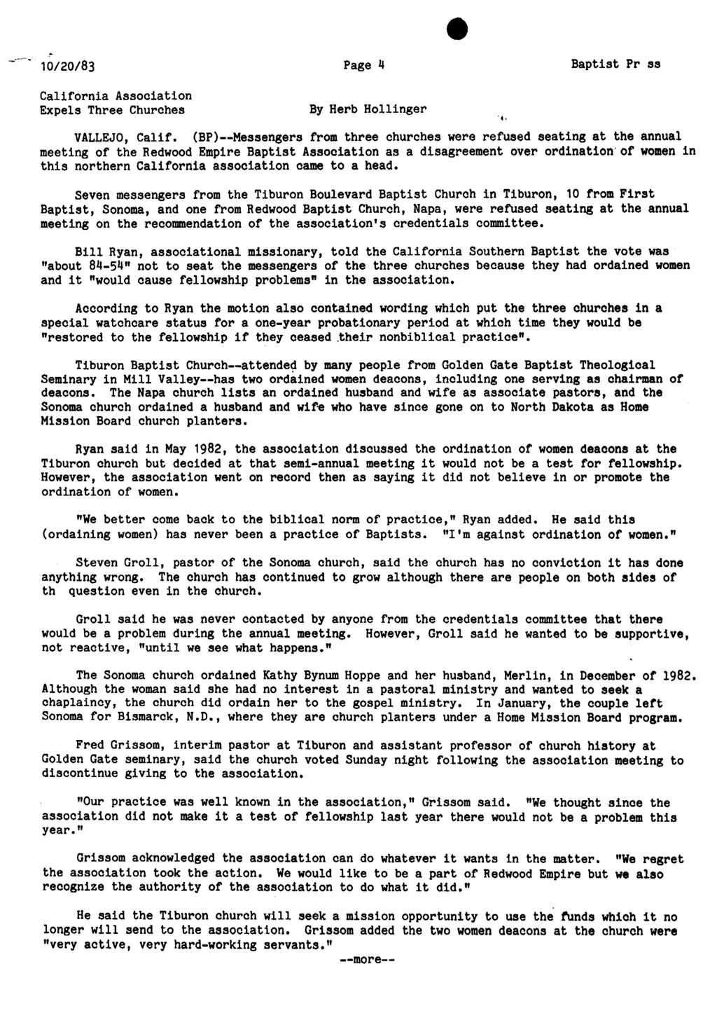 10/20/83 Page 4 Baptist Pr ss California Association Expels Three Churches By Herb Hollinger VALLEJO, Calif.