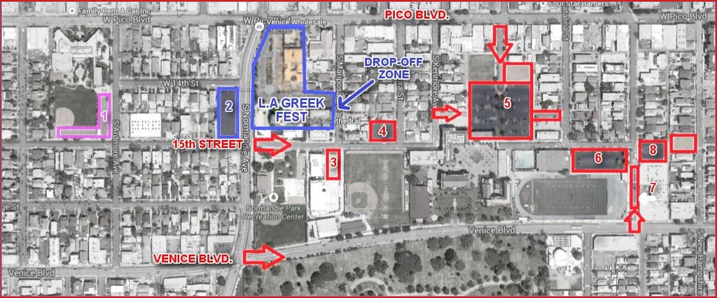L.A. GREEK FEST PARKING LOT MAP RED LOTS (3, 4, 5, 6, 7, 8): Free Guest Parking BLUE LOT (2): Preferred Parking PURPLE LOT (1): Volunteer Parking Free Guest Parking is available in all Loyola High