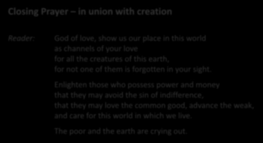 Closing Prayer in union with creation Reader: God of love, show us our place in this world as channels of your love for all the creatures of this earth, for not one of them is forgotten in your sight.