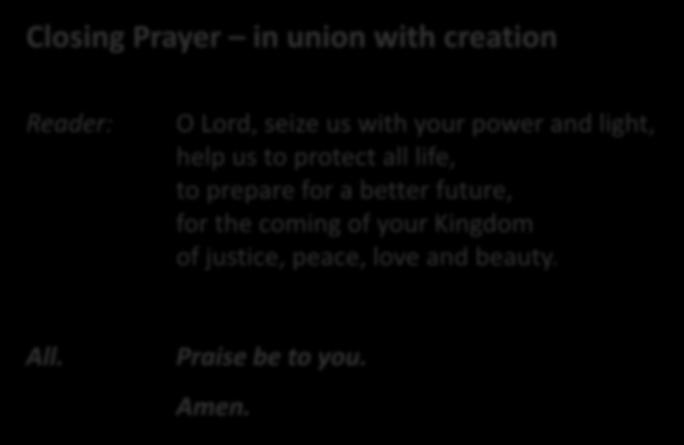 Closing Prayer in union with creation Reader: O Lord, seize us with your power and light, help us to protect all life, to