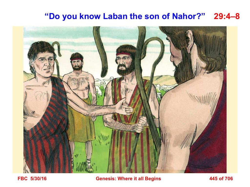 4 Jacob said to them, My brothers, where are you from? And they said, We are from Haran. 5 He said to them, Do you know Laban the son of Nahor? And they said, We know him.