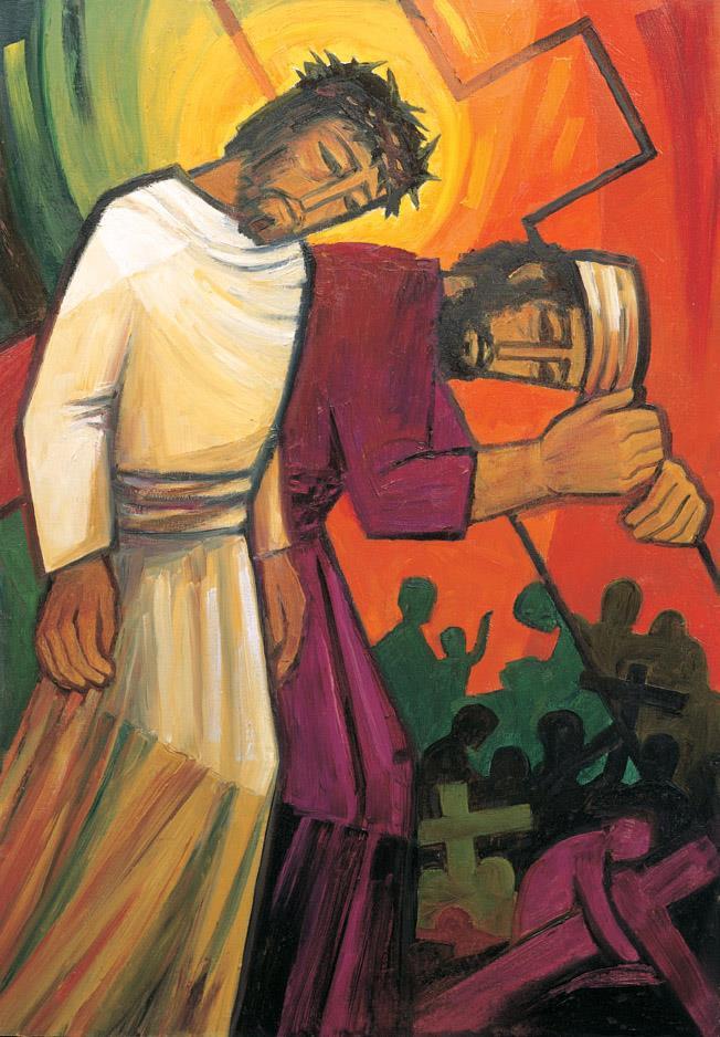 5 SIMON OF CYRENE HELPS JESUS TO CARRY HIS CROSS On their way to Golgotha, they met a man from Cyrene, Simon by name, and pressed him into service to carry his cross.