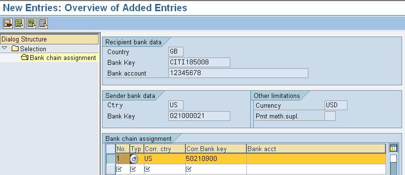 Click on the Sending bank Row and Click on the dialog structure Bank Chain Assignment to enter the intermediary bank details.
