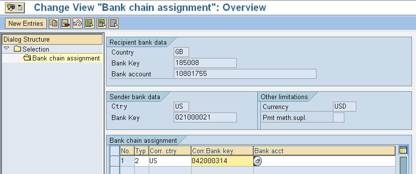 Click on the Sending bank Row and Click on the dialog structure Bank Chain Assignment to enter the intermediary