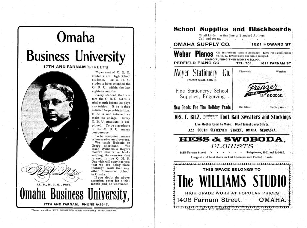 ':", Omaha Business Universiy 17TH AND FARNAM 'STREETS 75 per cen of O. B. U. sudens are High School sudens. 52 O. H. S. sudens have aended he O. B..D. wihin he las eigheen monhs.