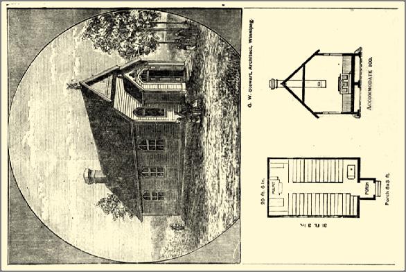 Report, 1886. The church design was prepared by G.W. Stewart. Figure 18. Perspectives and plans for a church.