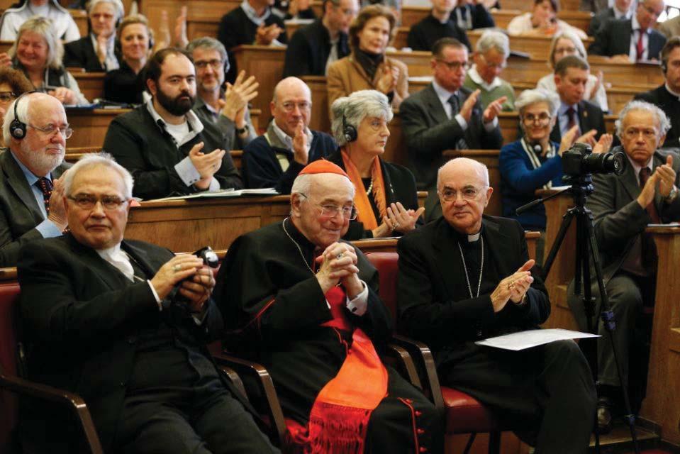 German Cardinal Walter Brandmuller and Archbishop Carlo Maria Vigano, former apostolic nuncio to the United States, attend a conference on Blessed Paul VI s 1968 encyclical, Humanae Vitae, in Rome