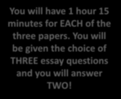 You will have 1 hour 15 minutes for EACH of the three papers.